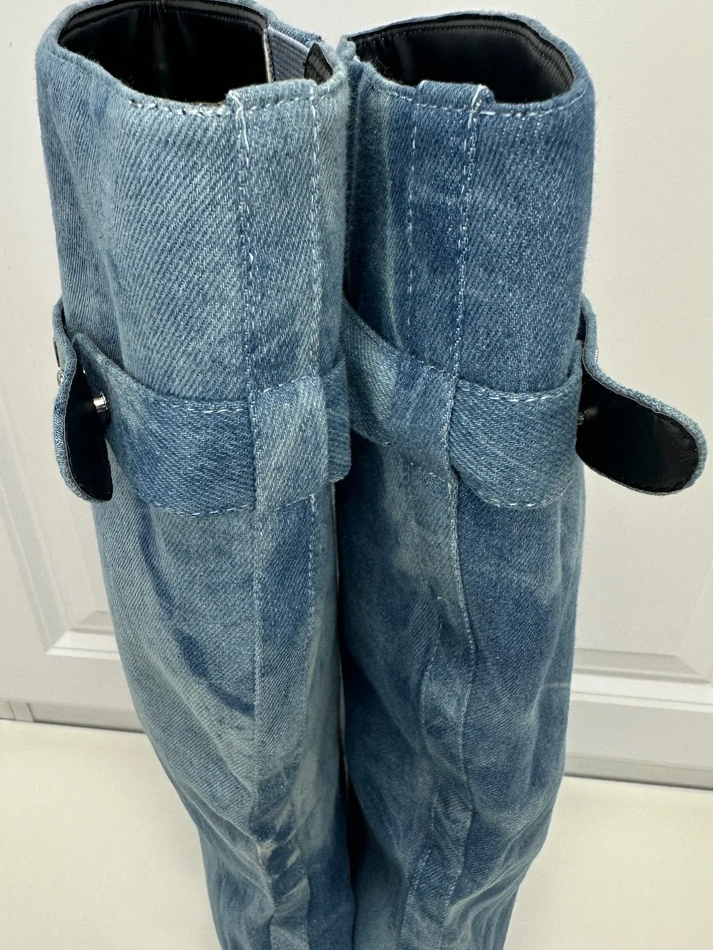 NIB Azalea Wang Marietta Denim Fold Over Open Toe Wedge Boots Tie Dye Size 9